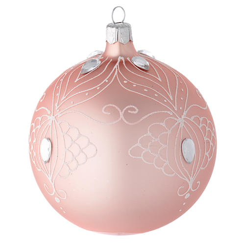 Bola árbol de Navidad de vidrio soplado rosa con decoraciones blancas 100 mm 2