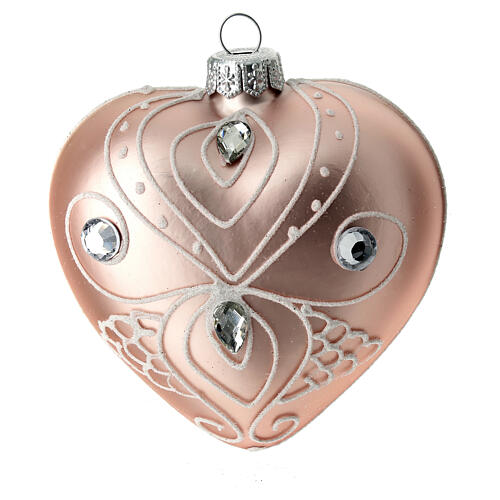 Heart Shaped Bauble in pink blown glass with white tree decoration 100mm 1