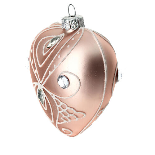 Bola de Navidad corazón de vidrio soplado rosa con decoraciones blancas 100 mm 4