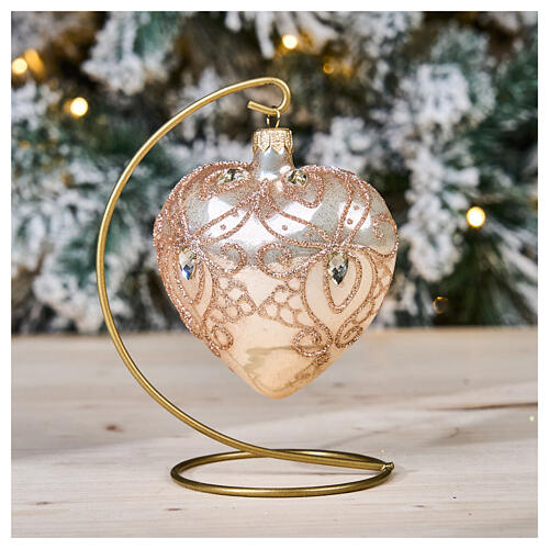 Bola de Navidad corazón de vidrio soplado oro con estrás oro 100 mm 2