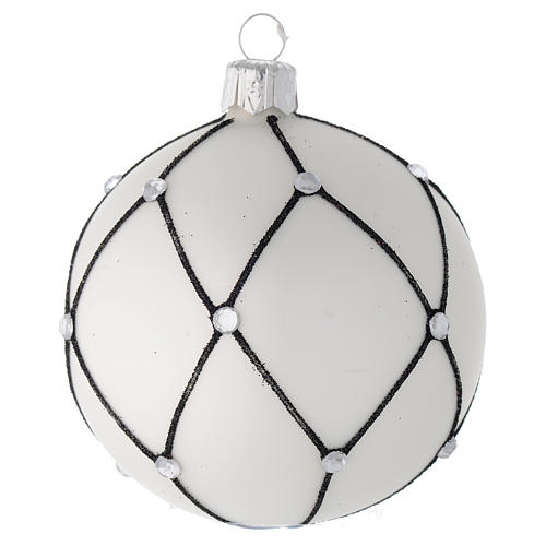 Bauble in white blown glass with black decoration 80mm 1