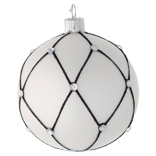 Bauble in white blown glass with black decoration 80mm 2