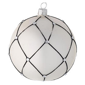 Bauble in white blown glass with black decoration 100mm
