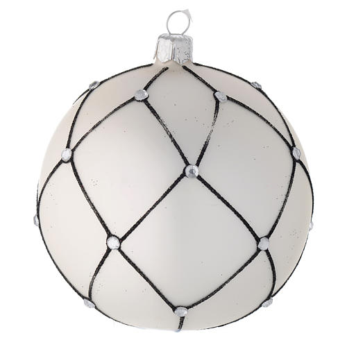 Bauble in white blown glass with black decoration 100mm 1