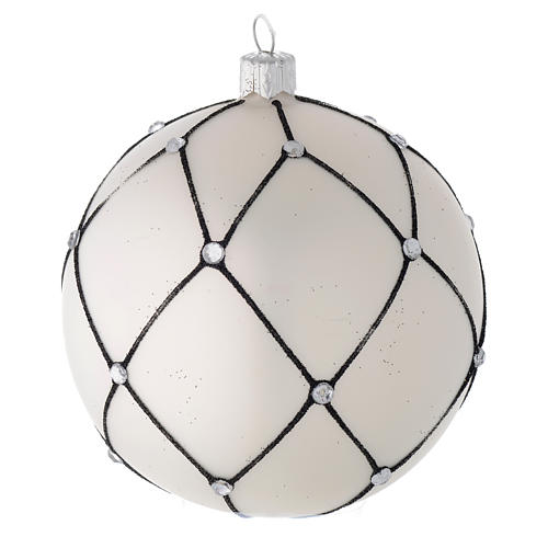 Bauble in white blown glass with black decoration 100mm 2