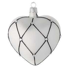 Heart Shaped bauble in white blown glass with black decoration 100mm
