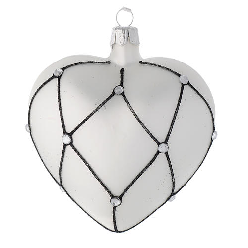 Heart Shaped bauble in white blown glass with black decoration 100mm 1