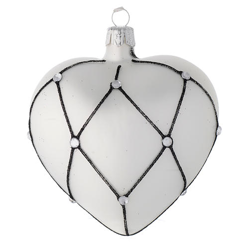 Heart Shaped bauble in white blown glass with black decoration 100mm 2