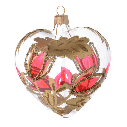 Heart Shaped Bauble in blown glass with red and gold decoration in relief 100mm 1