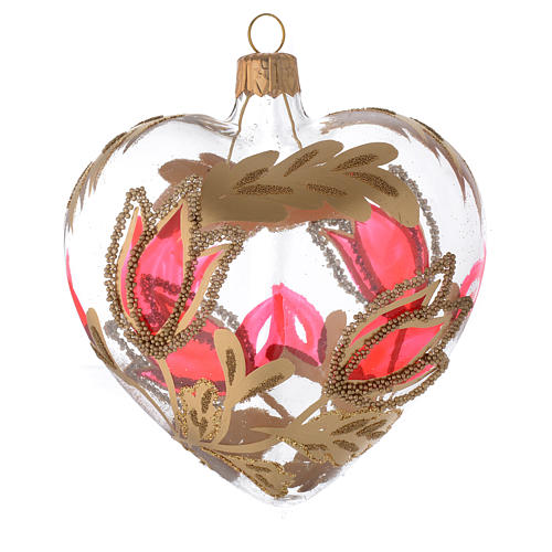Heart Shaped Bauble in blown glass with red and gold decoration in relief 100mm 2