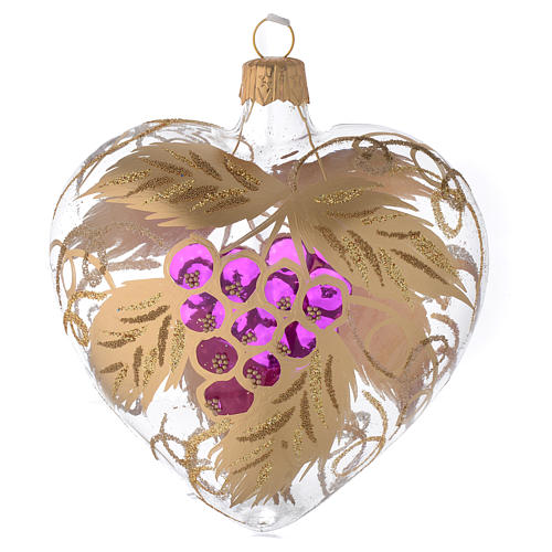 Heart Shaped Bauble in blown glass with grape decoration in relief 100mm 1