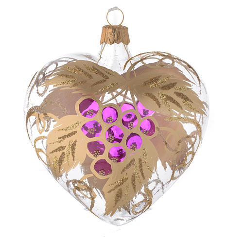 Heart Shaped Bauble in blown glass with grape decoration in relief 100mm 2