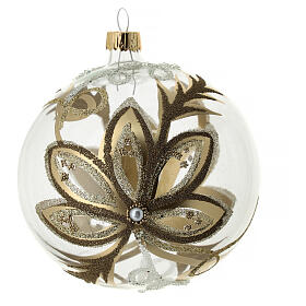 Bola para árbol de Navidad de vidrio soplado con flores doradas 100 mm