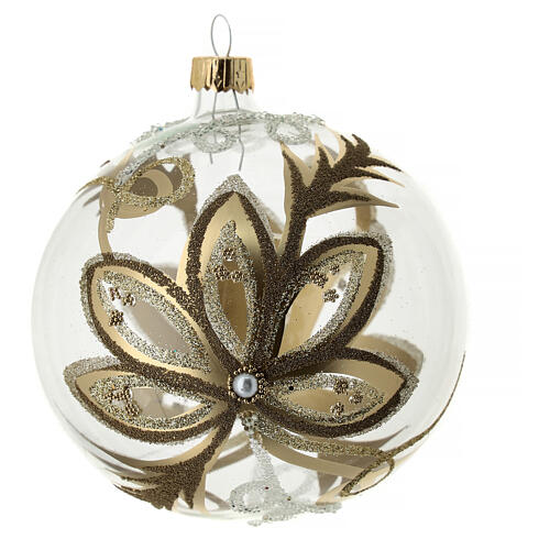 Bola para árbol de Navidad de vidrio soplado con flores doradas 100 mm 1