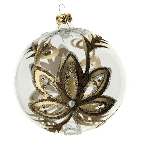 Bola para árbol de Navidad de vidrio soplado con flores doradas 100 mm 6