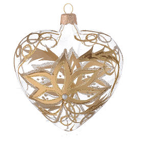 Heart Shaped Bauble in blown glass with gold flower 100mm