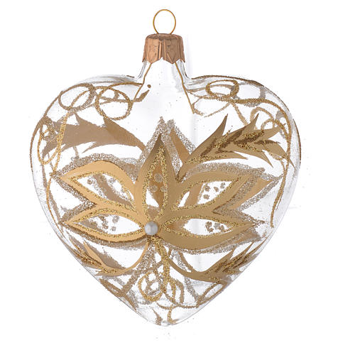 Heart Shaped Bauble in blown glass with gold flower 100mm 1