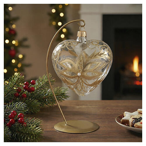 Heart Shaped Bauble in blown glass with gold flower 100mm 2