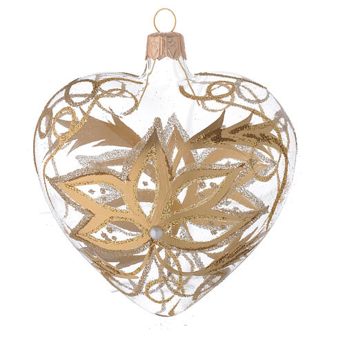 Heart Shaped Bauble in blown glass with gold flower 100mm 3