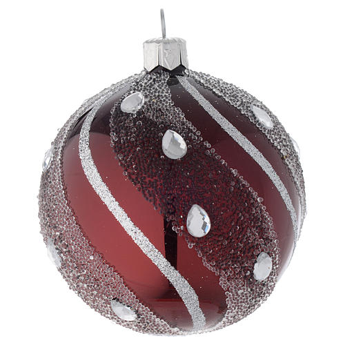 Bauble in burgundy blown glass with silver decoration 80mm 1