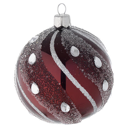 Bauble in burgundy blown glass with silver decoration 80mm 2