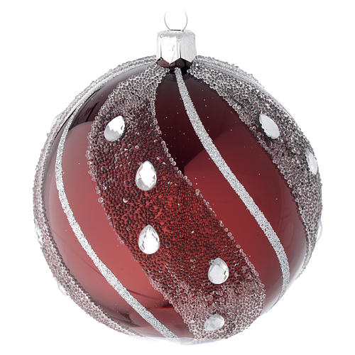 Bauble in burgundy blown glass with silver decoration 100mm 1