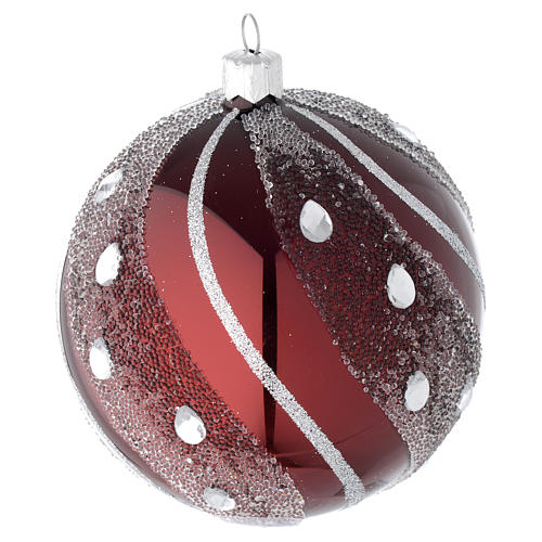 Bauble in burgundy blown glass with silver decoration 100mm 2
