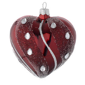 Heart Shaped Bauble in burgundy blown glass with silver decoration 100mm