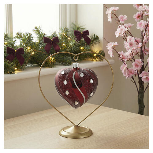 Heart Shaped Bauble in burgundy blown glass with silver decoration 100mm 2
