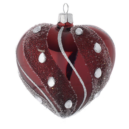 Heart Shaped Bauble in burgundy blown glass with silver decoration 100mm 3