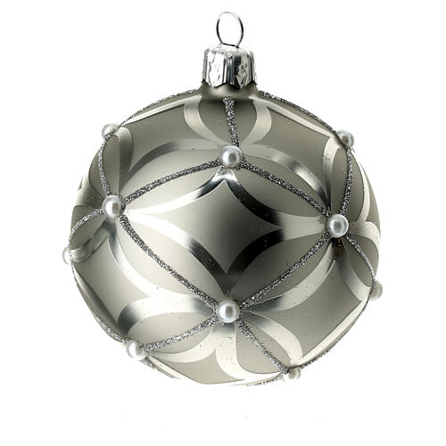 Bauble in silver blown glass with shiny and opaque decoration 80mm 2