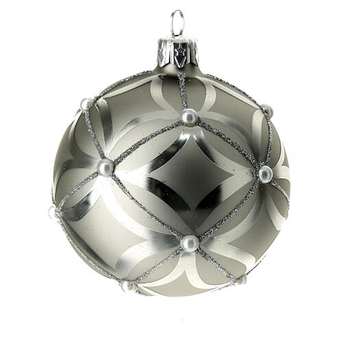 Bauble in silver blown glass with shiny and opaque decoration 80mm 4