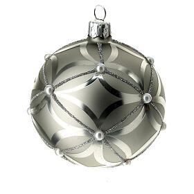 Bauble in silver blown glass with shiny and opaque decoration 80mm
