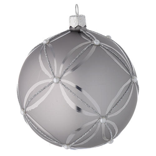 Bauble in silver blown glass with shiny and opaque decoration 100mm 1