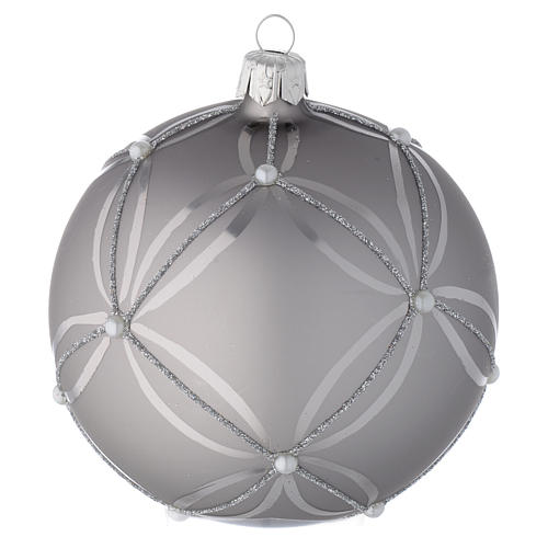 Bauble in silver blown glass with shiny and opaque decoration 100mm 2