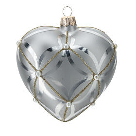 Heart Shaped Bauble in silver blown glass with shiny and opaque decoration 100mm