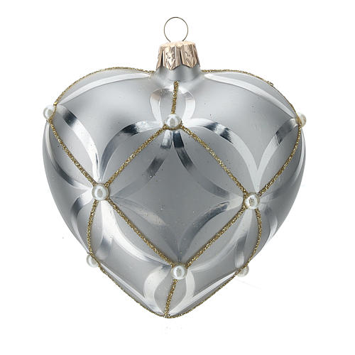 Heart Shaped Bauble in silver blown glass with shiny and opaque decoration 100mm 1