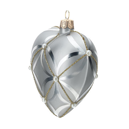 Heart Shaped Bauble in silver blown glass with shiny and opaque decoration 100mm 2