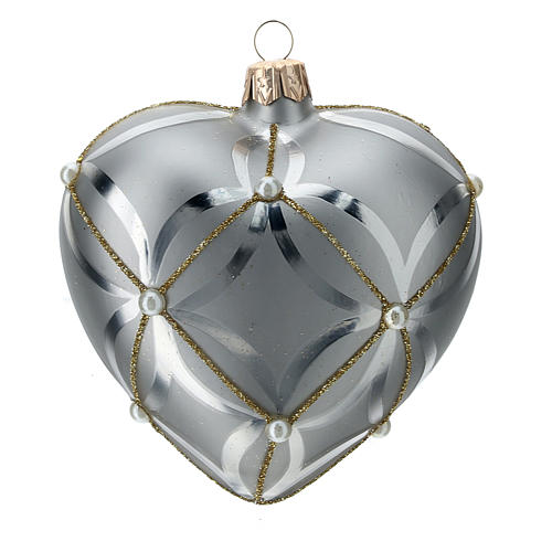 Heart Shaped Bauble in silver blown glass with shiny and opaque decoration 100mm 3
