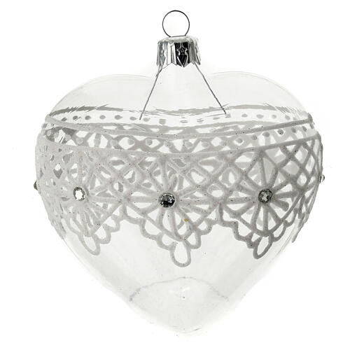 Heart Shaped Bauble in blown glass with lace decoration 100mm 1