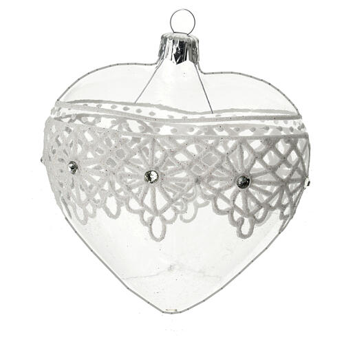 Heart Shaped Bauble in blown glass with lace decoration 100mm 4