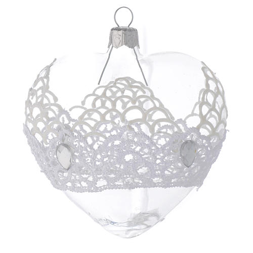 Heart Shaped Bauble in blown glass with lace decoration 100mm 2