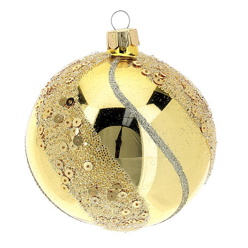 Weihnachtskugel aus Glas Grundton Gold mit goldenen Verzierungen Glitter 80 mm 1
