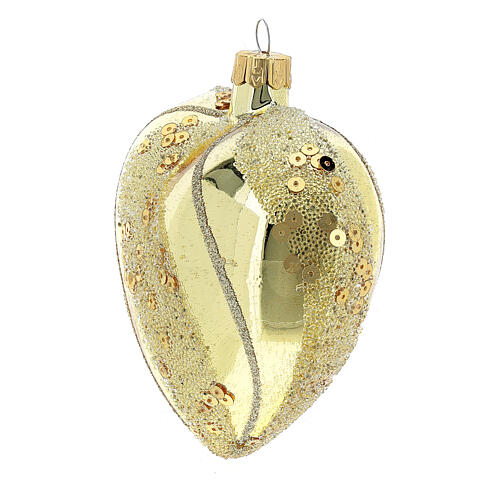 Heart Shaped Bauble in gold blown glass with glitter decoration 100mm 2