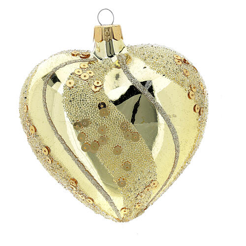 Heart Shaped Bauble in gold blown glass with glitter decoration 100mm 1