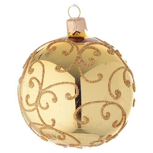 Bauble in gold blown glass with golden motif 80mm 1