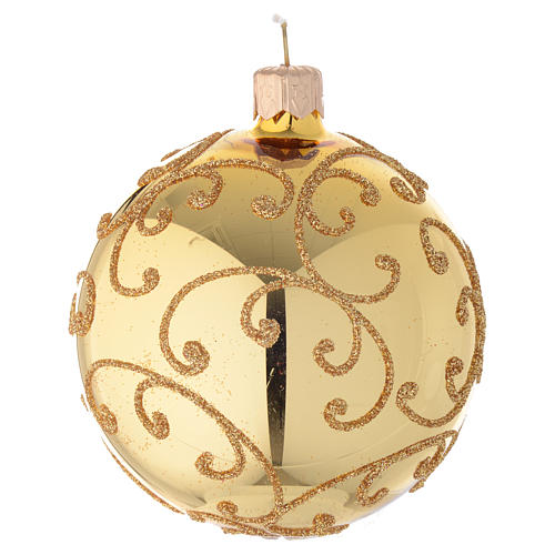 Bauble in gold blown glass with golden motif 80mm 2