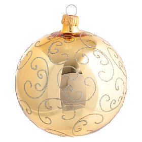 Bauble in gold blown glass with golden motif 100mm