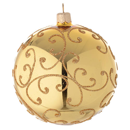 Bauble in gold blown glass with golden motif 100mm 1