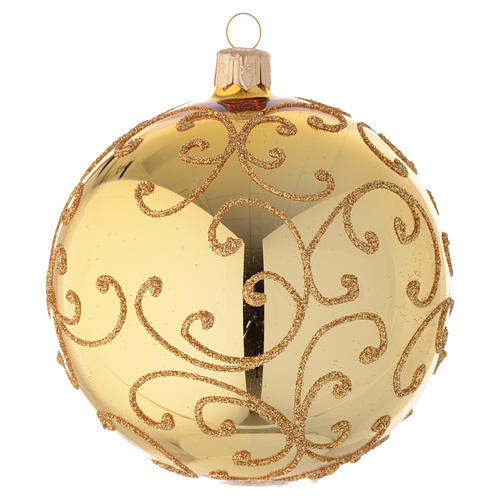 Bauble in gold blown glass with golden motif 100mm 2